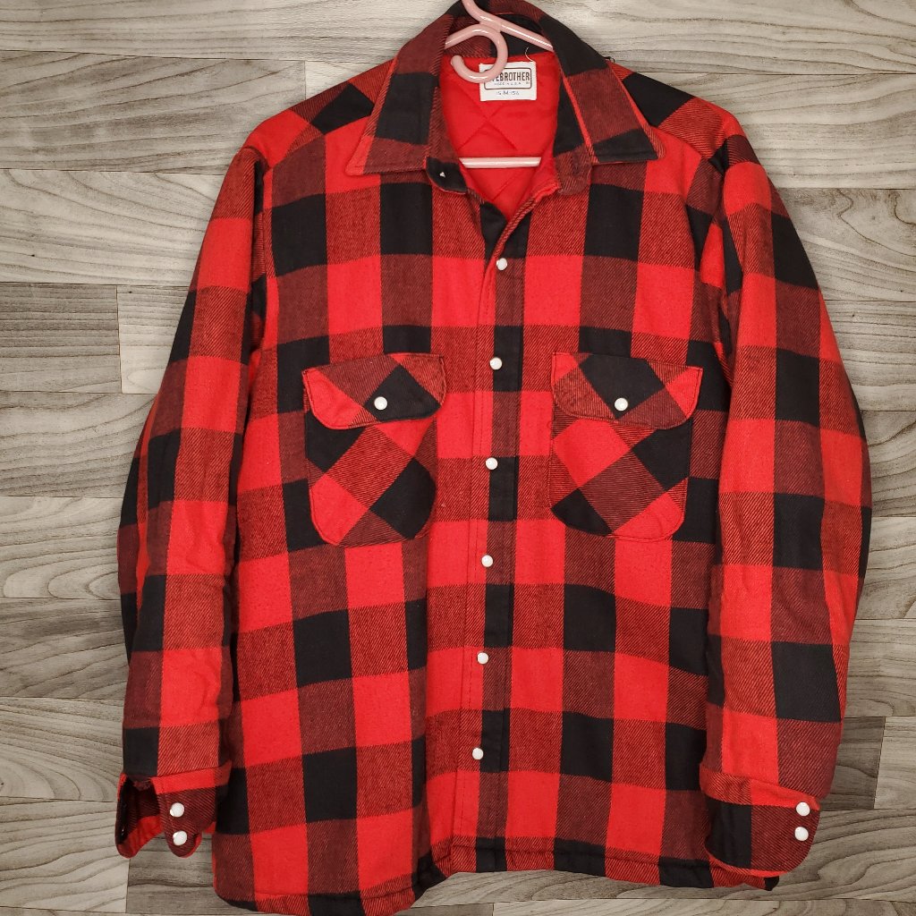 Vintage 5 Brother Pearl Snap Thick Lined Red Cotton Plaid Shirt Size M